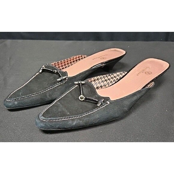 Cole Haan Women's Size 9 Black Pink Suede Slip On Pointy Toe Kitten Heel Mules - Picture 1 of 7